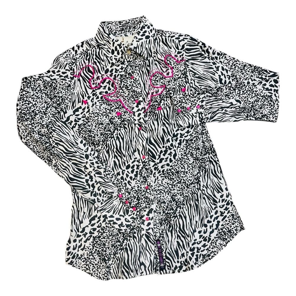 Sherry Cervi Animal Print Pink Embroidery Pearl Snap Shirt NWT S Rodeo Western
